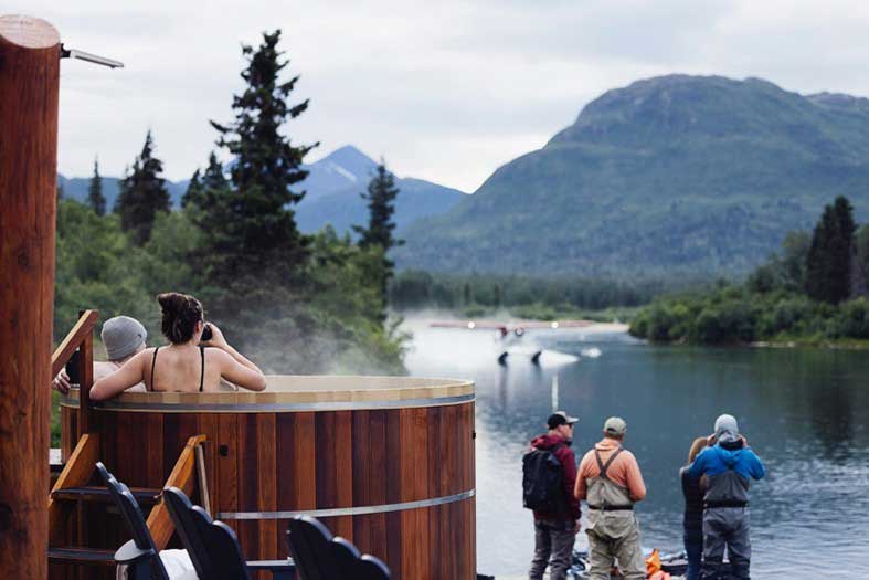 Hot tub view from an all-inclusive luxury fishing lodge in alaska